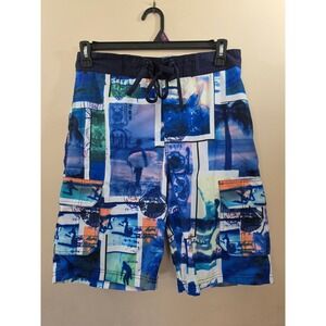 U.S. Apparel Mens Blue Surf Photo Print Board Shorts Cargo Pockets Medium